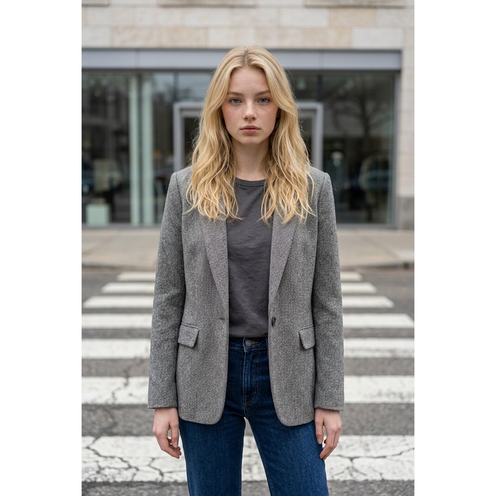 Loft Womens Gray Herringbone Blazer Jacket Single Button Wool Blend Size 8T